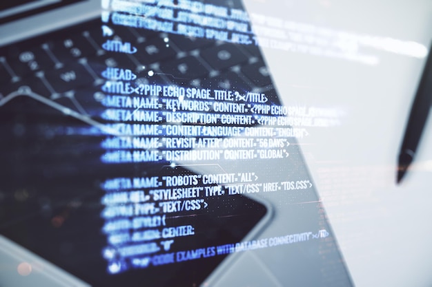 Multi exposure of abstract creative coding sketch on modern laptop background artificial intelligence and neural networks concept
