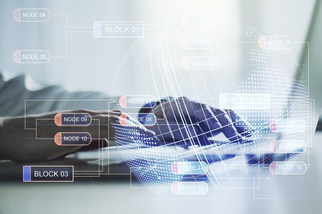 Multi exposure of abstract creative coding sketch with world map and hands typing on computer keyboard on background artificial intelligence and neural networks concept