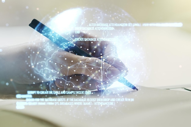 Multi exposure of abstract creative coding sketch with world map and man hand writing in notebook on background artificial intelligence and neural networks concept