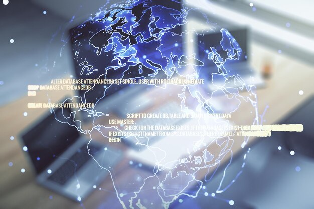 multi exposure of abstract creative coding sketch with world map and modern desktop with computer on background artificial intelligence and neural networks concept