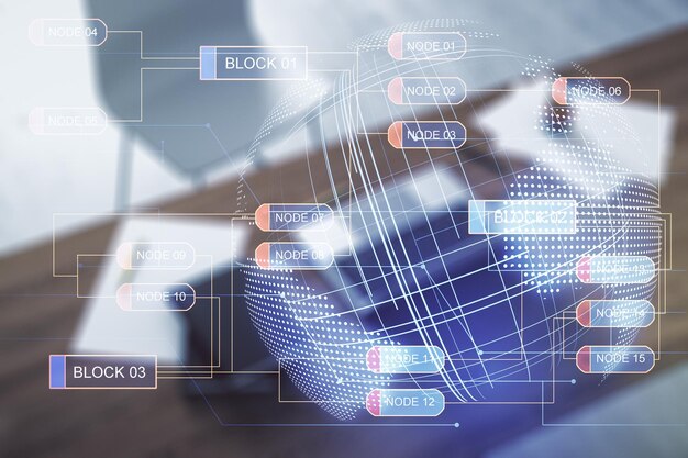 Multi exposure of abstract creative coding sketch with world map and modern desktop with computer on background artificial intelligence and neural networks concept