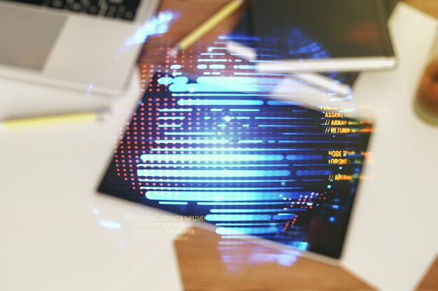 multi exposure of abstract creative coding sketch with world map and modern digital tablet on background top view artificial intelligence and neural networks concept