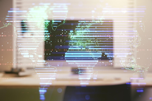Multi exposure of abstract creative digital world map on laptop background research and analytics concept