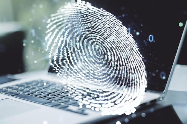 Multi exposure of abstract creative fingerprint illustration on modern laptop background digital access concept