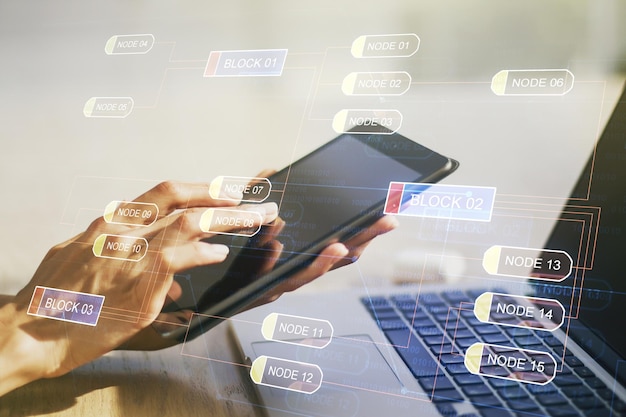 Multi exposure of abstract graphic coding sketch and hand working with a digital tablet on background big data and networking concept