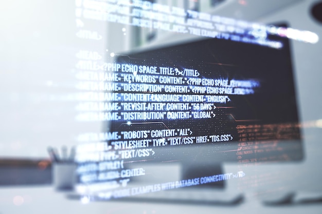 Multi exposure of abstract graphic coding sketch and modern desktop with pc on background big data and networking concept