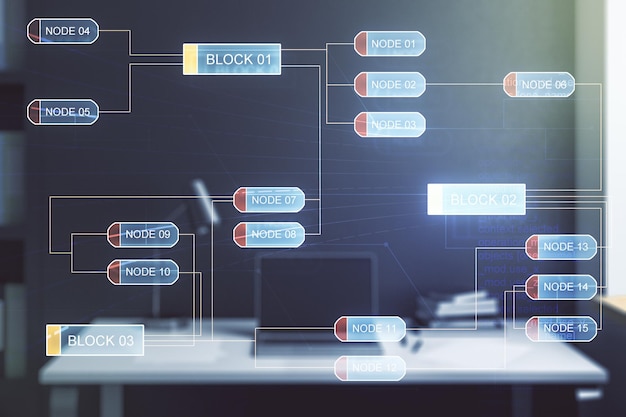 Multi exposure of abstract graphic coding sketch and modern desktop with pc on background big data and networking concept