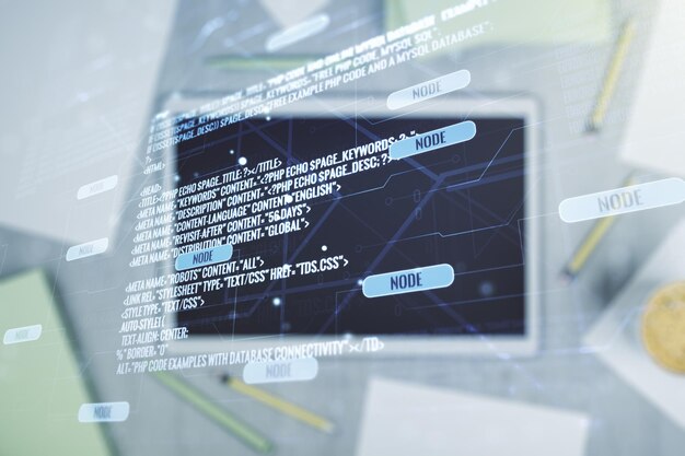 Multi exposure of abstract graphic coding sketch and modern digital tablet on desktop on background top view big data and networking concept