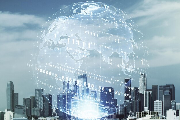 Multi exposure of abstract graphic coding sketch and world map on Los Angeles cityscape background big data and networking concept