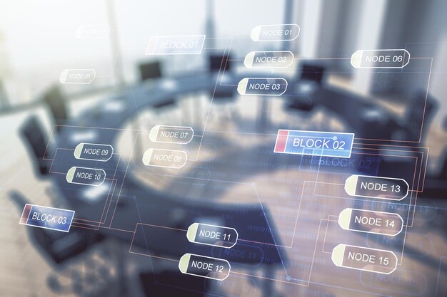 Multi exposure of abstract graphic coding sketch on a modern furnished classroom background big data and networking concept
