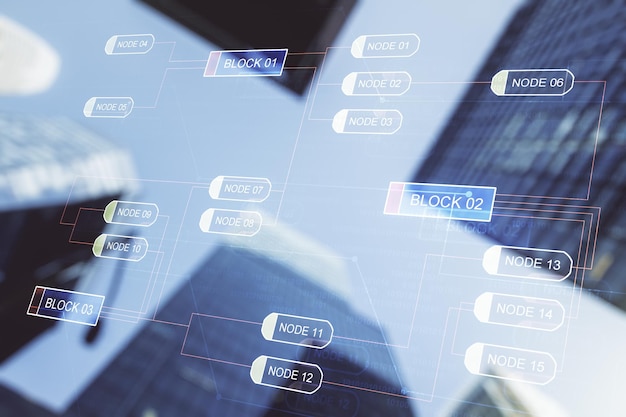 Multi exposure of abstract graphic coding sketch on modern architecture background big data and networking concept