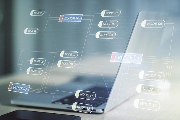 Multi exposure of abstract graphic coding sketch on modern computer background big data and networking concept