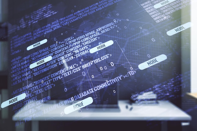 Multi exposure of abstract graphic coding sketch with world map and modern desktop with pc on background big data and networking concept