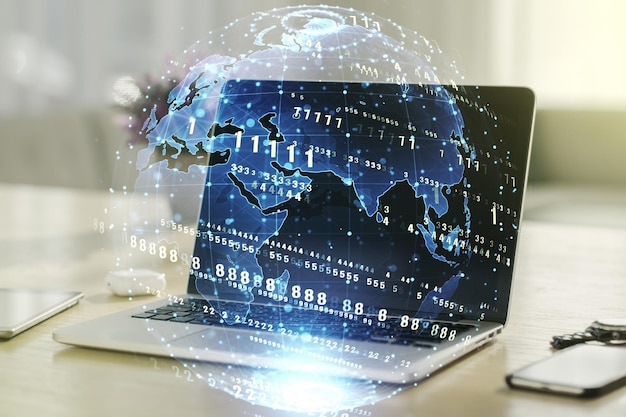 Multi exposure of abstract graphic coding sketch with world map on modern computer background big data and networking concept