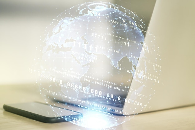 Multi exposure of abstract graphic coding sketch with world map on modern computer background big data and networking concept