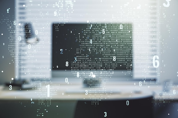 multi exposure of abstract graphic coding sketch with world map on modern computer background big data and networking concept