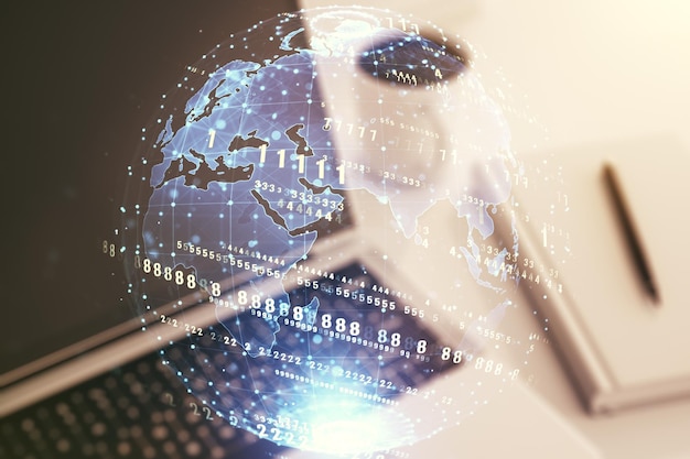 multi exposure of abstract graphic coding sketch with world map on modern computer background big data and networking concept