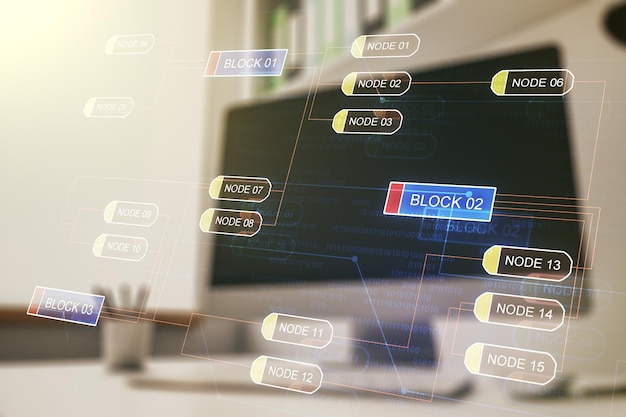 Multi exposure of abstract programming language hologram and modern desk with computer on background artificial intelligence and machine learning concept