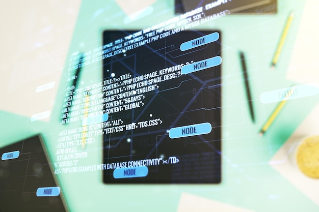 multi exposure of abstract programming language hologram and modern digital tablet on background artificial intelligence and machine learning concept