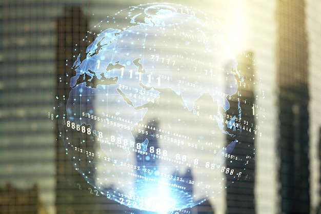 multi exposure of abstract programming language hologram and world map on blurry cityscape background artificial intelligence and neural networks concept