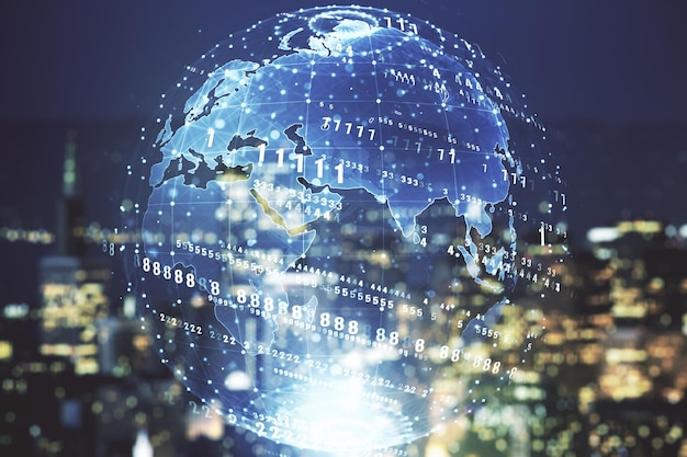 Multi exposure of abstract programming language hologram and world map on blurry office buildings background artificial intelligence and neural networks concept