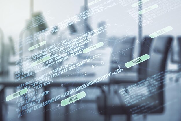 multi exposure of abstract programming language hologram on a modern furnished office interior background artificial intelligence and machine learning concept