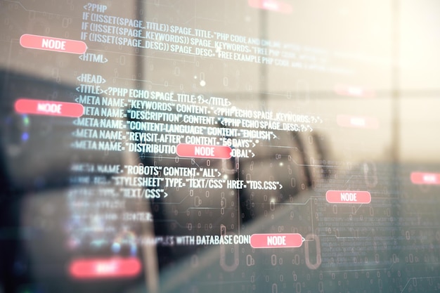 multi exposure of abstract programming language hologram on a modern furnished office interior background artificial intelligence and machine learning concept
