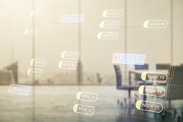 Multi exposure of abstract programming language hologram on a modern furnished office interior background artificial intelligence and machine learning concept