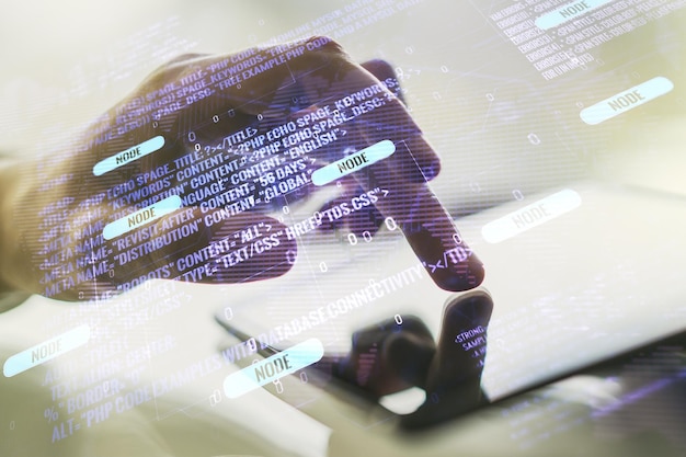 Multi exposure of abstract programming language hologram with world map and hand working with a digital tablet on background artificial intelligence and neural networks concept