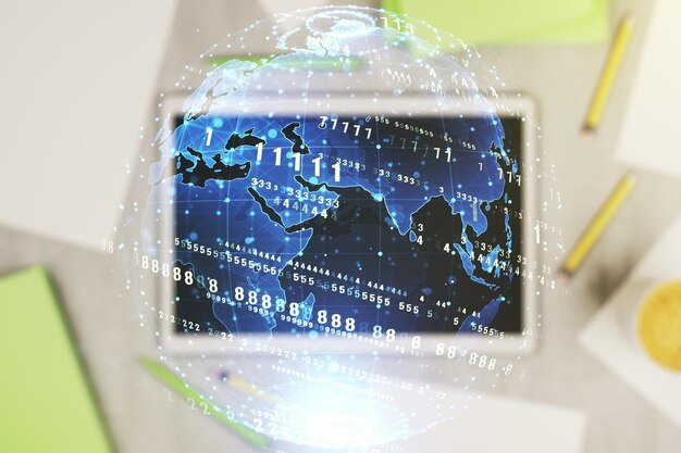 Multi exposure of abstract programming language hologram with world map and modern digital tablet on background artificial intelligence and neural networks concept