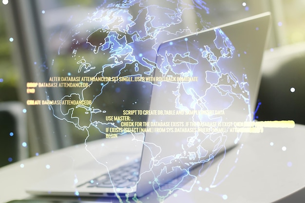 multi exposure of abstract programming language hologram with world map on computer background artificial intelligence and neural networks concept