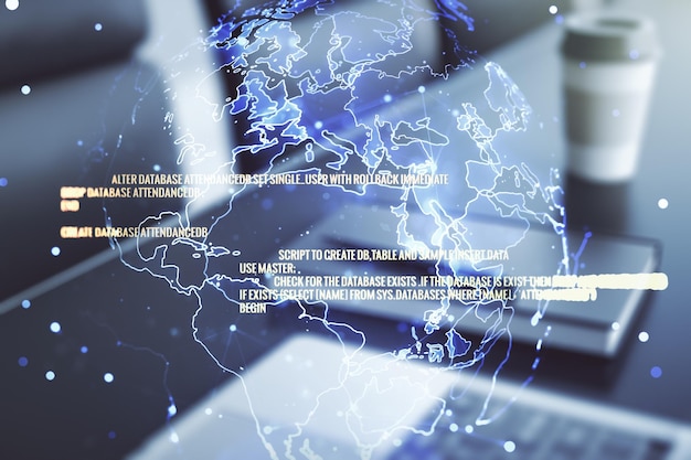 multi exposure of abstract programming language hologram with world map on computer background artificial intelligence and neural networks concept