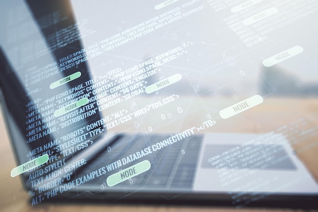 Multi exposure of abstract software development hologram on laptop background research and analytics concept