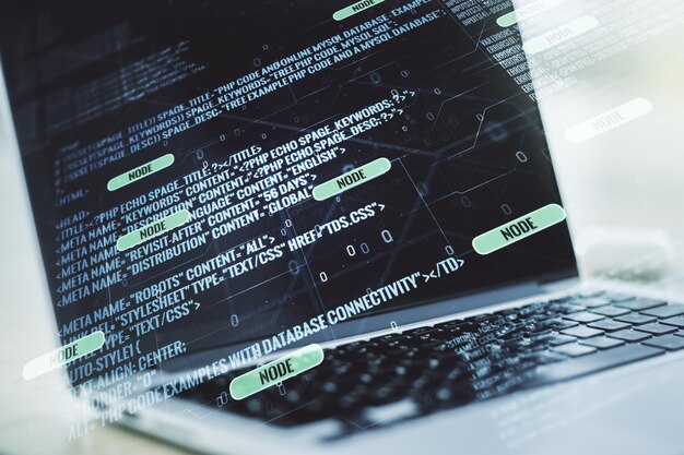 Multi exposure of abstract software development hologram on laptop background research and analytics concept