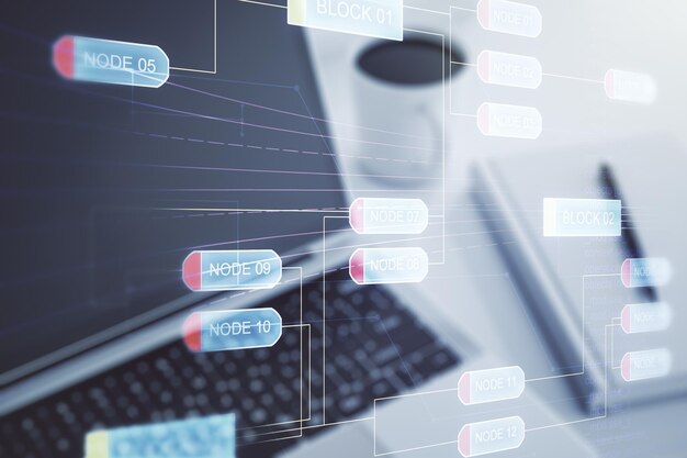 Multi exposure of abstract software development hologram on laptop background research and analytics concept