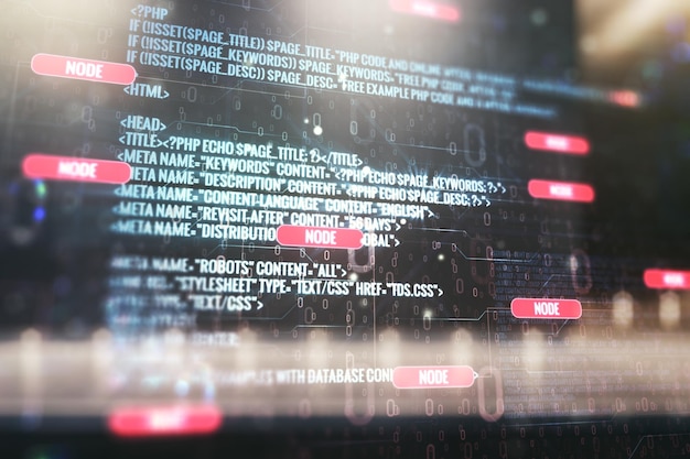 multi exposure of abstract software development hologram on modern business center exterior background research and analytics concept