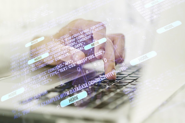 multi exposure of abstract software development hologram with world map and hands typing on computer keyboard on background global research and analytics concept