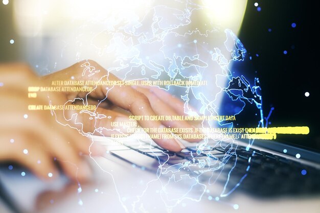 Multi exposure of abstract software development hologram with world map and hands typing on computer keyboard on background global research and analytics concept