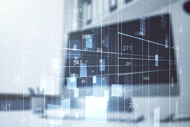 Multi exposure of abstract statistics data hologram interface and modern desk with computer on background computing and analytics concept