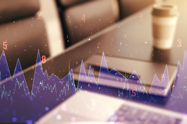 Multi exposure of abstract statistics data hologram interface on computer background computing and analytics concept
