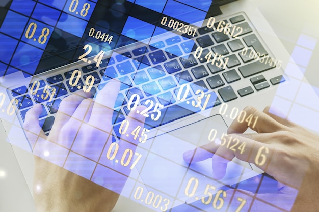 Multi exposure of abstract statistics data hologram interface with hands typing on computer keyboard on background computing and analytics concept