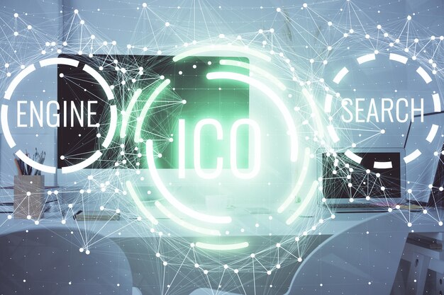 Multi exposure of blockchain and crypto economy theme hologram and table with computer background Concept of bitcoin cryptocurrency