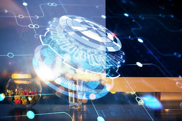 Multi exposure of desktop with computer on background and tech theme drawing Concept of big data