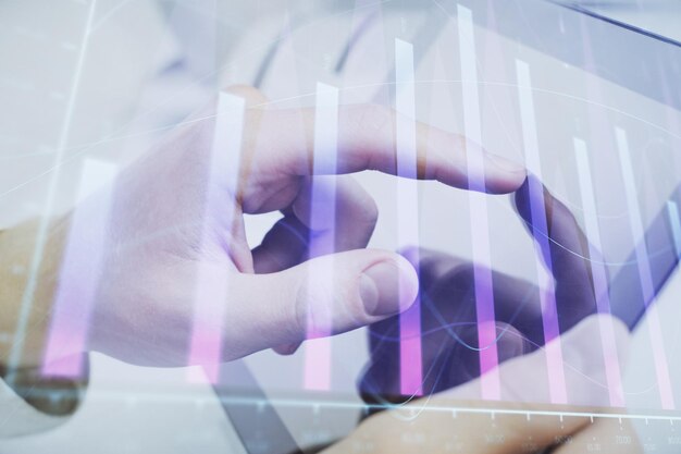 Multi exposure of man's hands holding and using a phone and financial chart drawing Market analysis concept