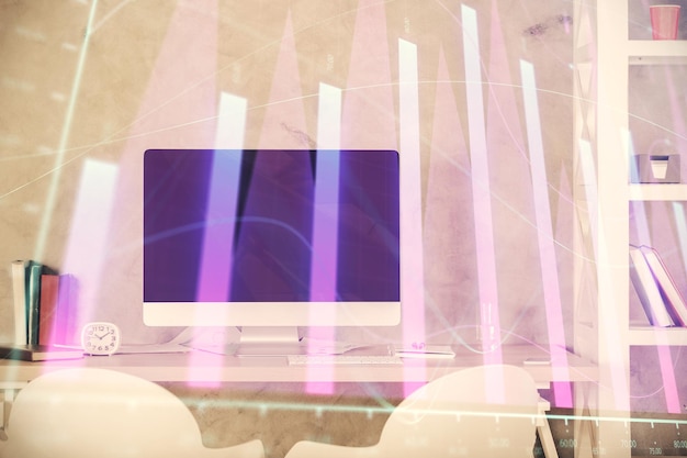 Multi exposure of stock market chart drawing and office interior background Concept of financial analysis