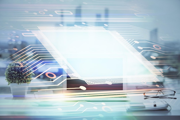 Multi exposure of table with computer on background and data theme drawing Concept of innovation
