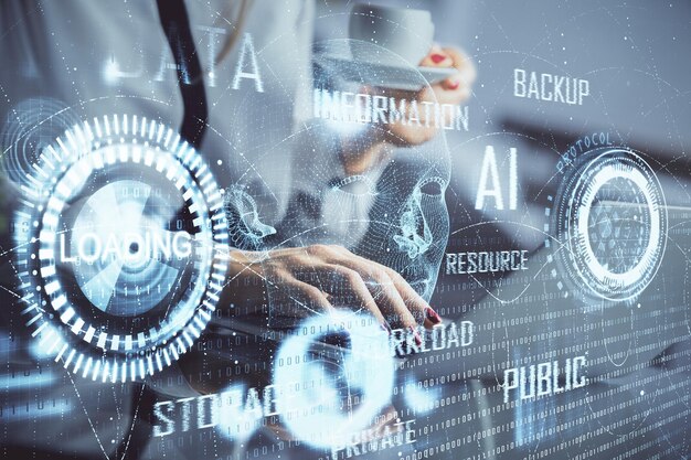 multi exposure of woman hands working on computer and data theme hologram drawing tech concept