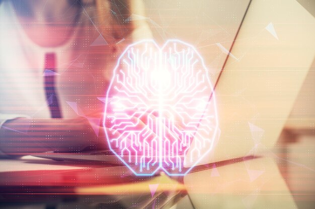 Multi exposure of woman hands working on computer and human brain hologram drawing Ai tech concept