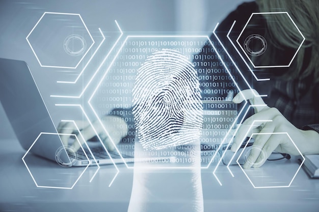 Multi exposure of woman online shopping holding a credit card and finger print drawing Security concept