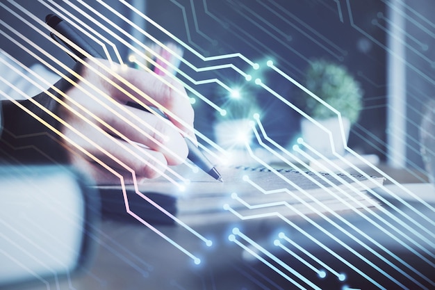 Multi exposure of womans hands on background with technology and digital coding icons Data development concept
